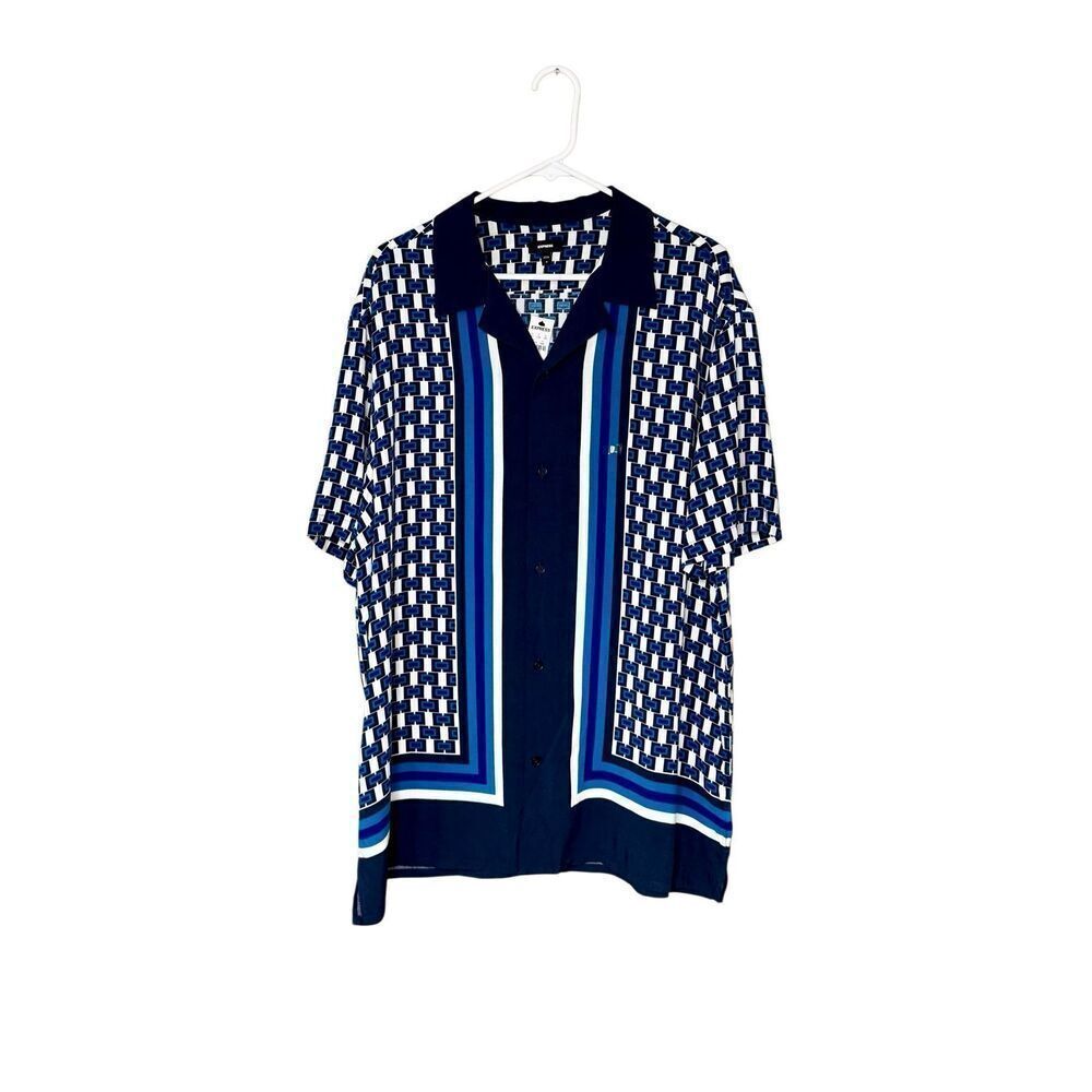 Express NWT blue bordered geo print rayon short sleeve button up shirt size XL